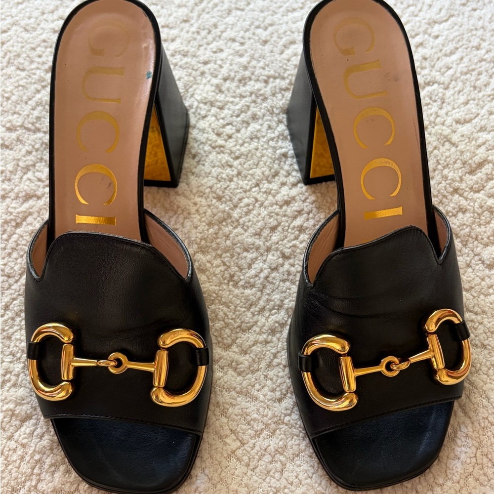 Gucci Black Leather Horsebit Block Heel Mules - Size 37 - Picture 8 of 10